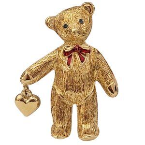 Carolee Gold-Tone Blue Rhinestone Teddy Bear W/ Heart Dangle Charm Brooch, K410
